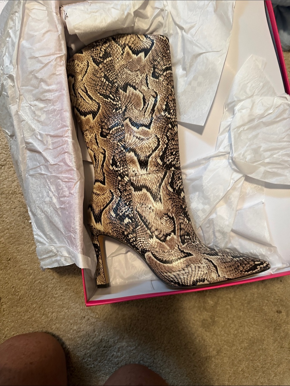 Vince Camuto Taupe and Black Snake-Print Pointed Toe Boot